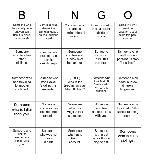 Know Your Classmates Bingo Card