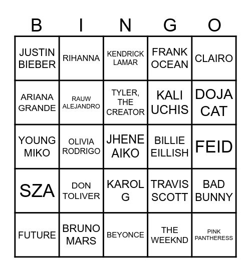 NAME ONE SONG FROM EACH ARTIST! Bingo Card