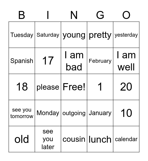 7 Grade Bingo Card