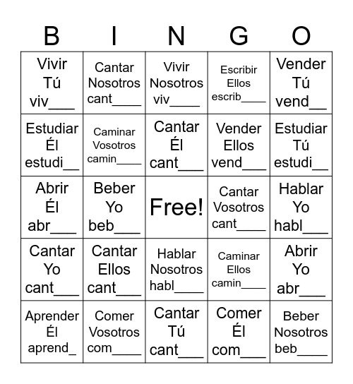 Presente indicativo: -ar, -er, -ir Bingo Card