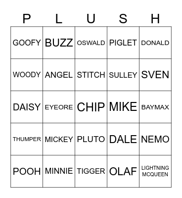 Disney Character Plush Bingo Card