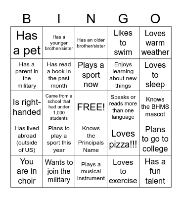 New Student Bingo Card