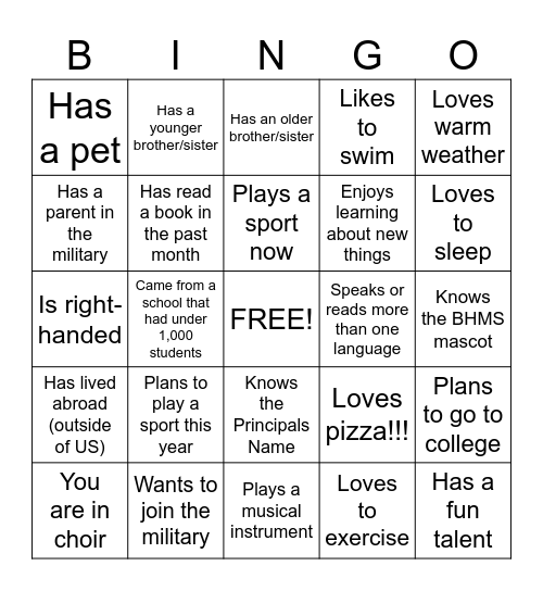 New Student Bingo Card