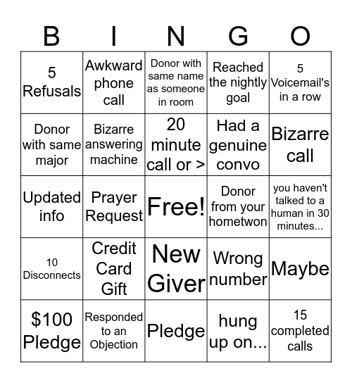 Phoneathon Bingo Card
