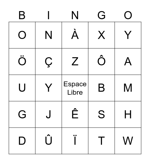 French Alphabet Bingo Card