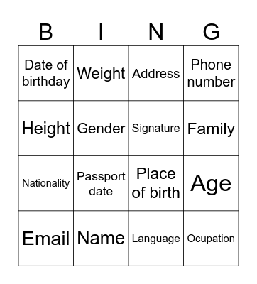 Personal information Bingo Card