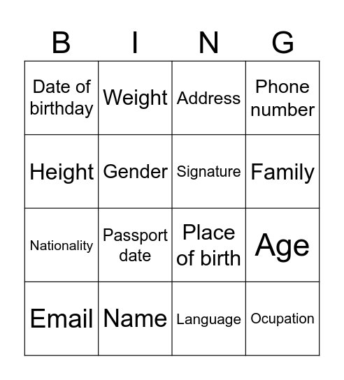 Personal information Bingo Card