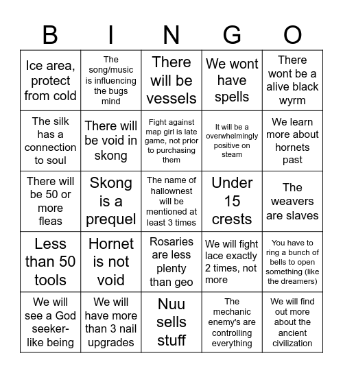 Silksong Bingo Card