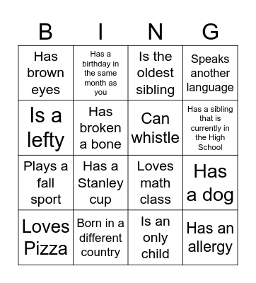 Back to School Bingo Card
