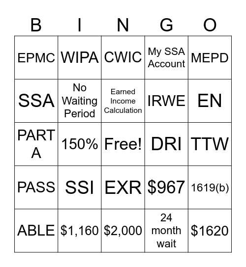 BENEFITS BINGO Card