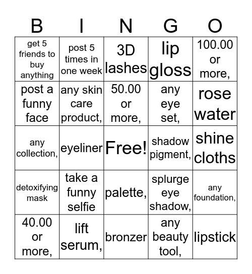 Makeup (buying) Bingo Card