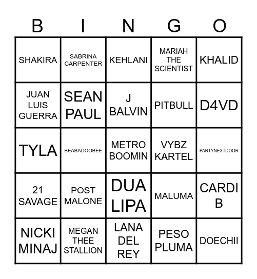 SONG BINGO 2 Bingo Card
