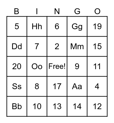 Letters and Numbers Bingo Card