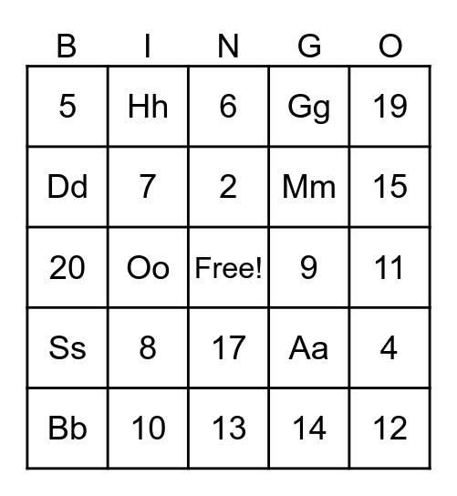 L.1 Letters and Numbers Bingo Card