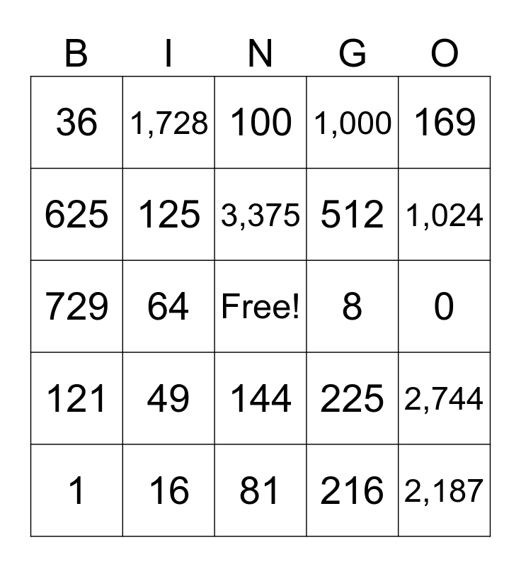 Exponents Bingo Card