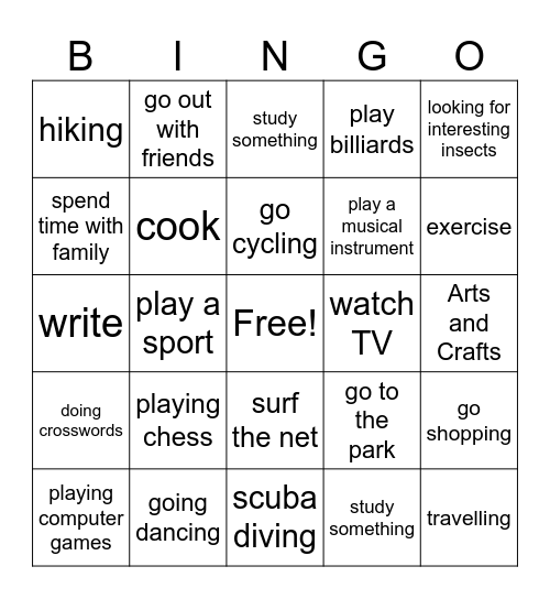 Free Time Activities Bingo Card