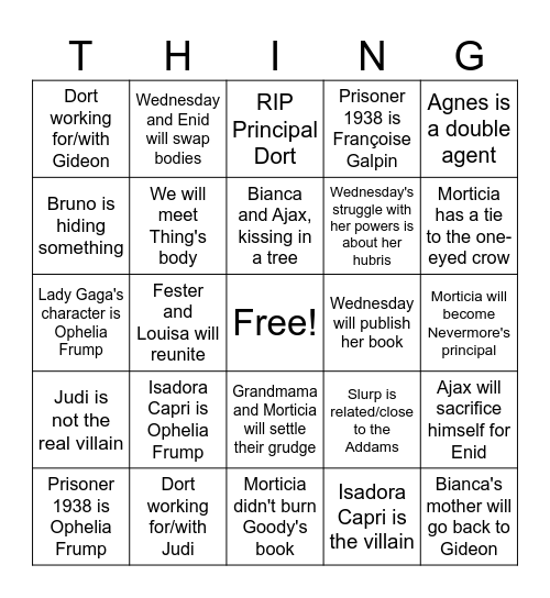 Wednesday Season 2 Part 2 Predictions Bingo Card