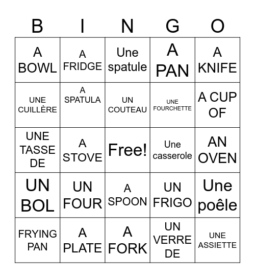 UTENCILS AND KITCHEN IN FRENCH Bingo Card