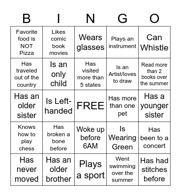 Middle School Bingo Card