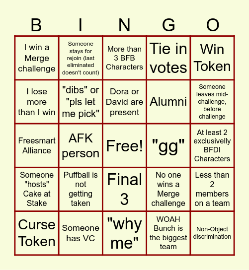 BFDIA Roblox Bingo Card