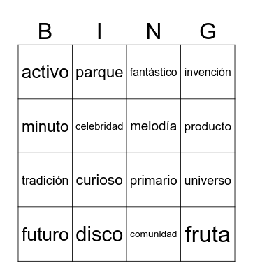 Spanish Cognate Bingo Card