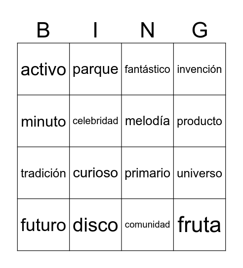 Spanish Cognate Bingo Card