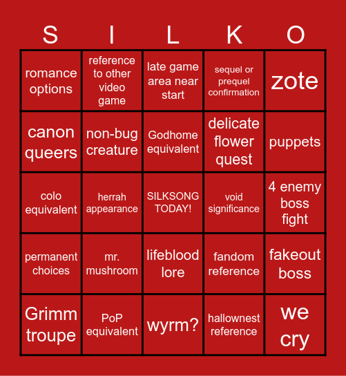 Silksong shared Bingo Card