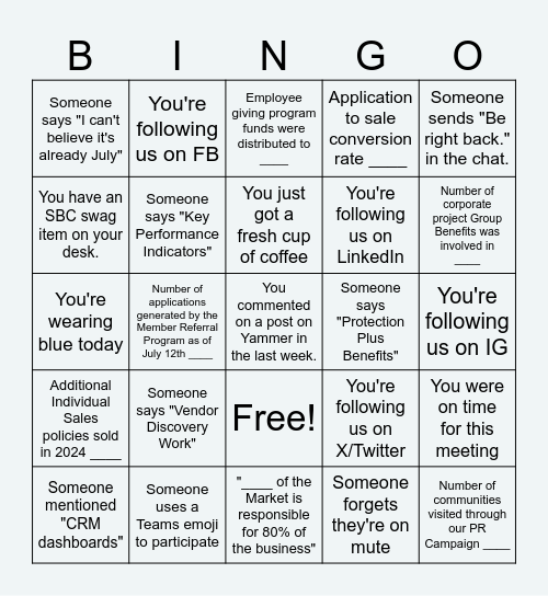 Quarterly Department Meeting Bingo! Bingo Card