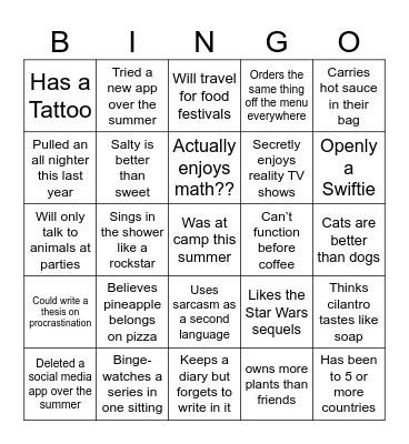 Get to know me Bingo Card