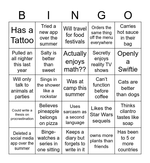 Get to know me Bingo Card