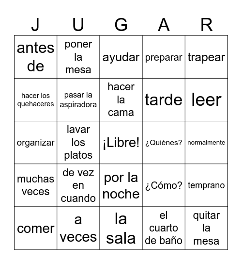 Los quehaceres Bingo Card