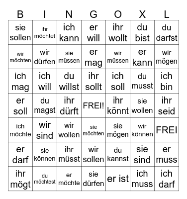Auxiliary Verbs Bingo Card