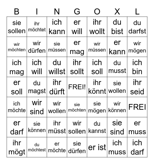 Auxiliary Verbs Bingo Card
