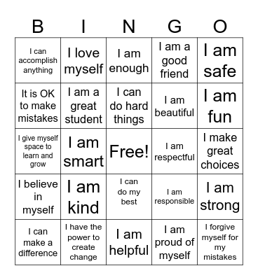 Positive Affirmation Bingo Card