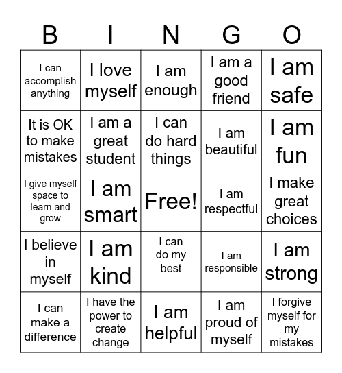 Positive Affirmation Bingo Card