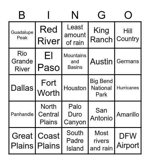 Regions of Texas Bingo 2025 Bingo Card