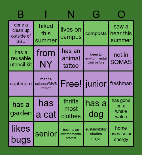 Environmental Club Intro Bingo! Bingo Card