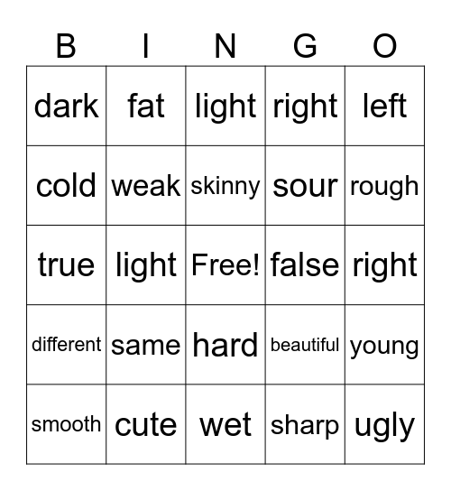 Opposite Adjective Bingo Card