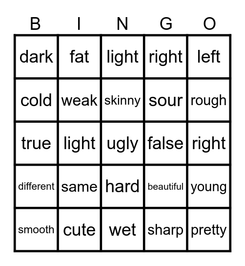 Opposite Adjective Bingo Card