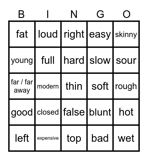 Opposite Adjectives Bingo Card