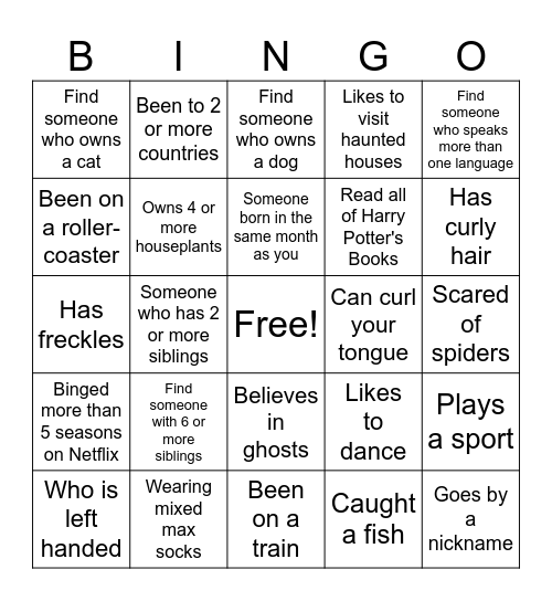 Get to know you Bingo Card