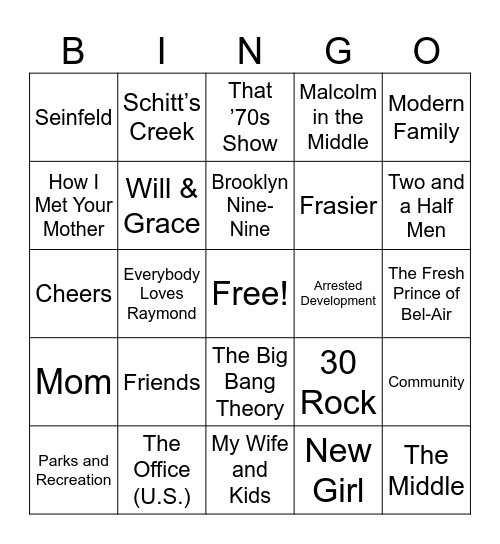 Sitcom Bingo Card