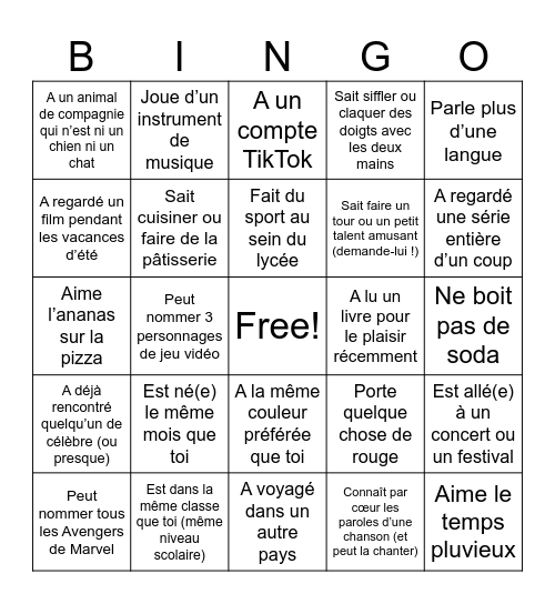 Trouvez quelqu'un qui... Bingo Card