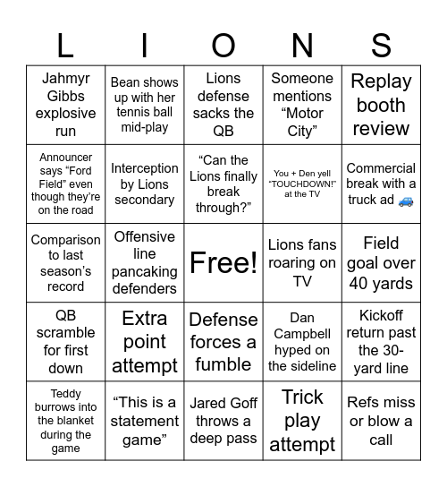 Detroit Lions Bingo Card