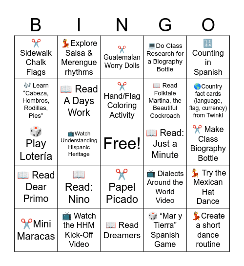 AES Hispanic Heritage Month Bingo Card