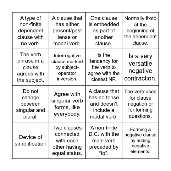 Grammar 2 Bingo Card
