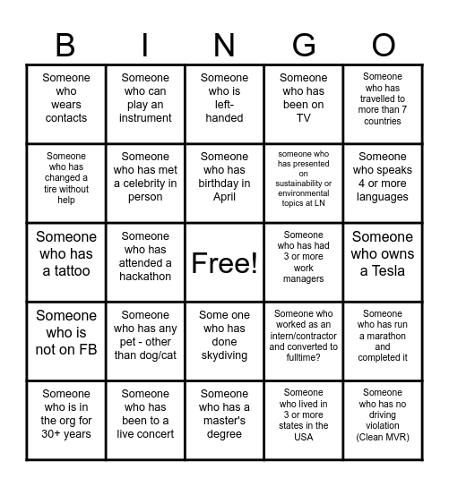 FIND-SOMEONE-WHO Bingo Card