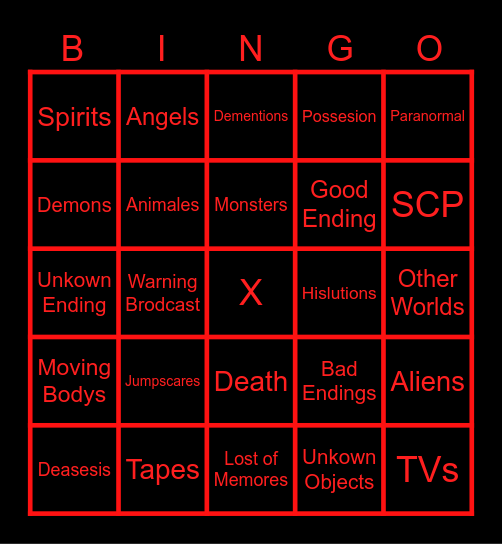 Horror Bingo Card