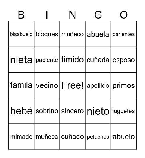 Familia y Niñez Bingo Card