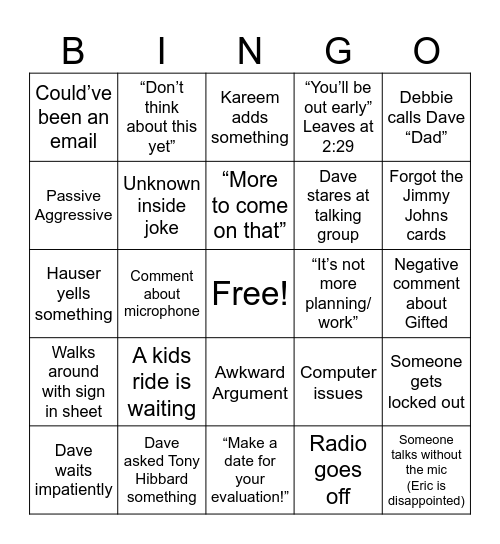 Staff Meeting Bingo Card